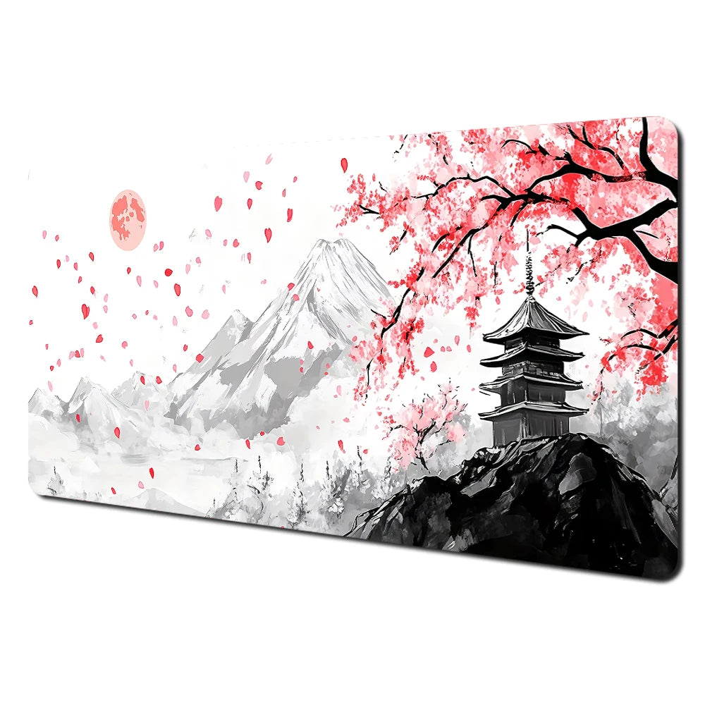 Japanese Aesthetic Desk Mat — Fuji & Cherry Blossom