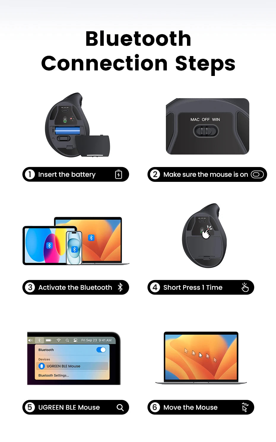 UGREEN Vertikal Ergonomisk Mus — Bluetooth 5.0 & 2.4G