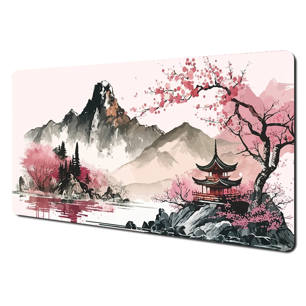 Japanese Aesthetic Desk Mat — Fuji & Cherry Blossom