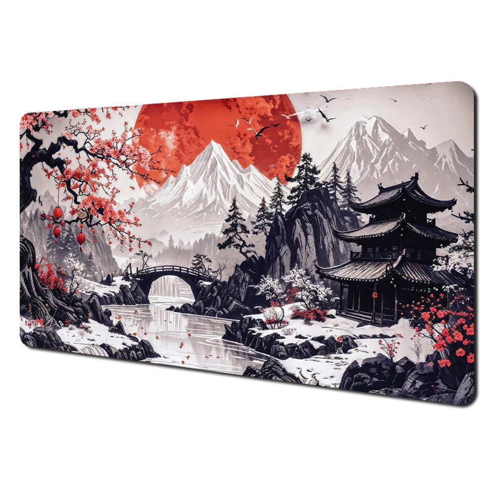 Japanese Aesthetic Desk Mat — Fuji & Cherry Blossom