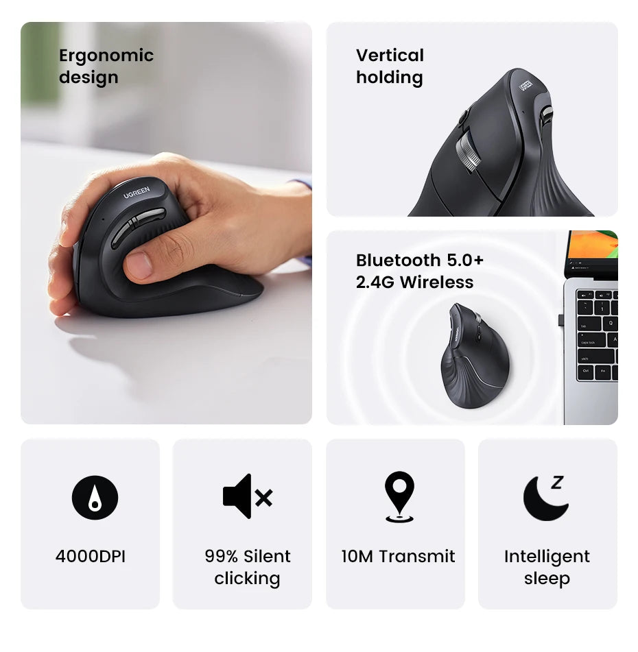 UGREEN Vertikal Ergonomisk Mus — Bluetooth 5.0 & 2.4G