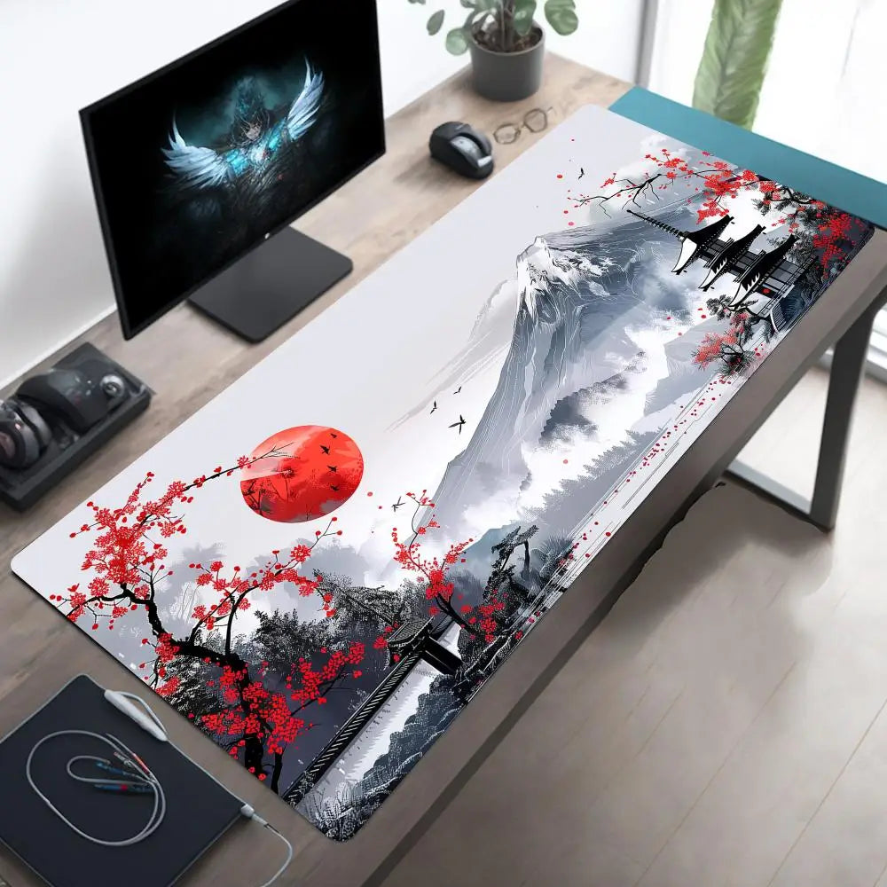 Japanese Aesthetic Desk Mat — Fuji & Cherry Blossom