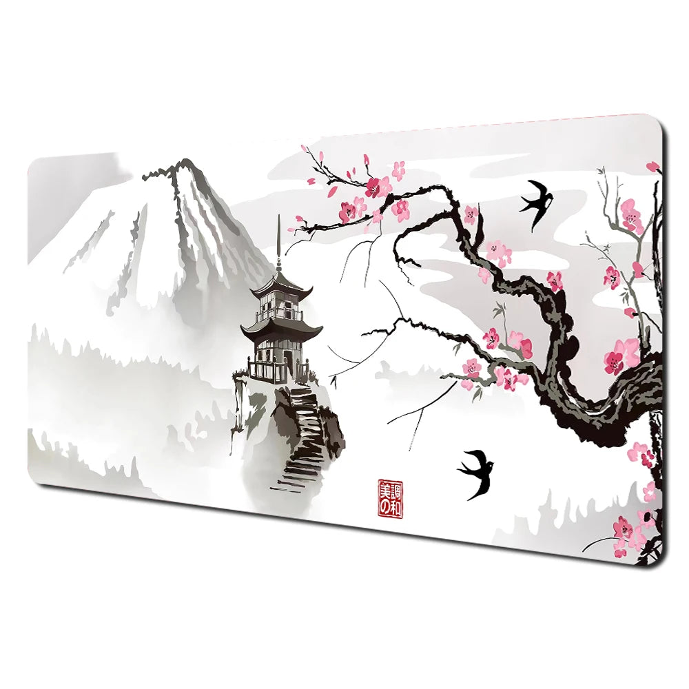 Japanese Aesthetic Desk Mat — Fuji & Cherry Blossom