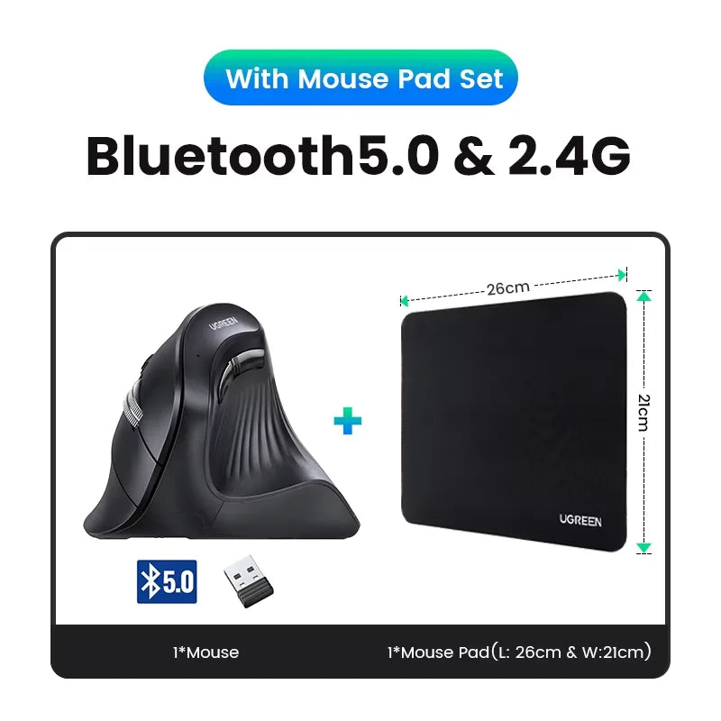UGREEN Vertikal Ergonomisk Mus — Bluetooth 5.0 & 2.4G