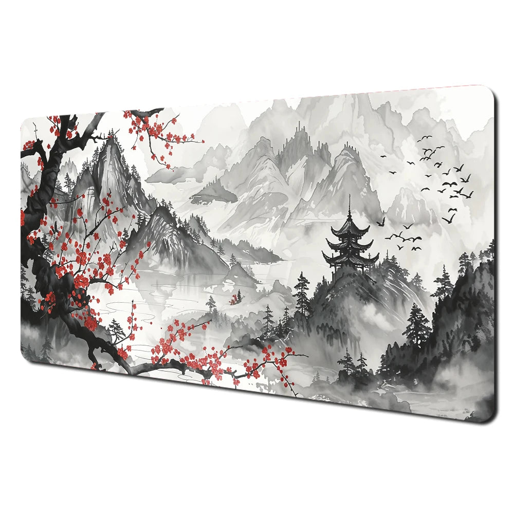 Japanese Aesthetic Desk Mat — Fuji & Cherry Blossom